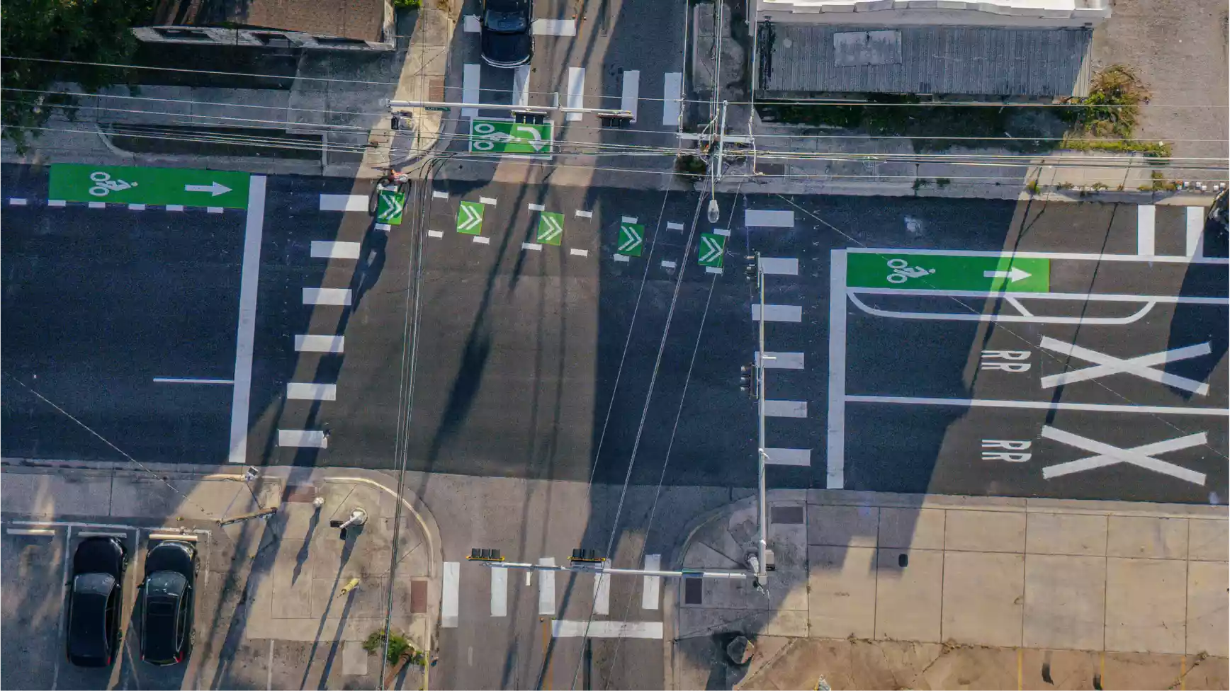 An aerial view of thermoplastic markings in San Marcos, TX